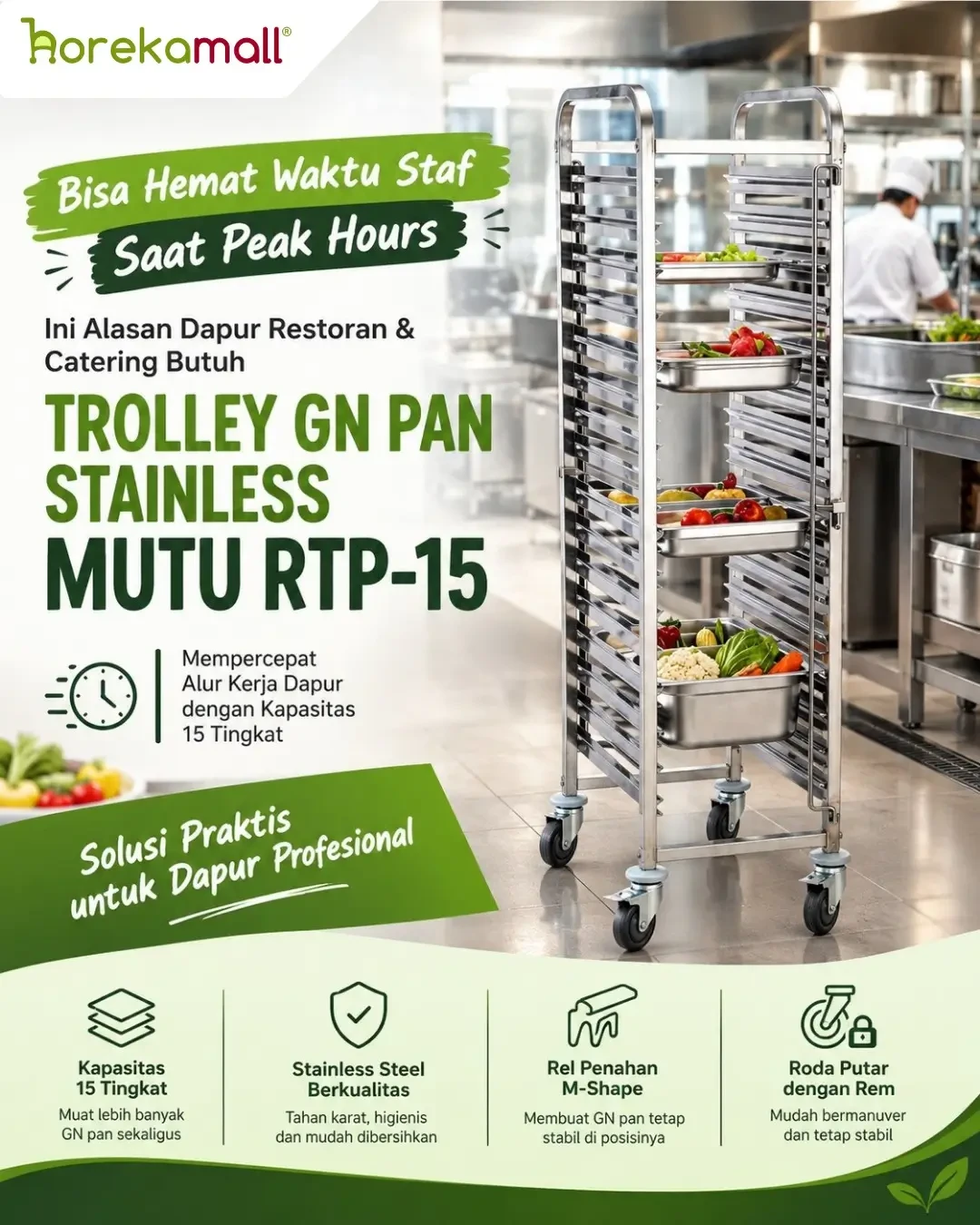 Bisa Hemat Waktu Staf Saat Peak Hours, Ini Alasan Dapur Restoran & Catering Butuh Trolley GN Pan Stainless Mutu RTP-15