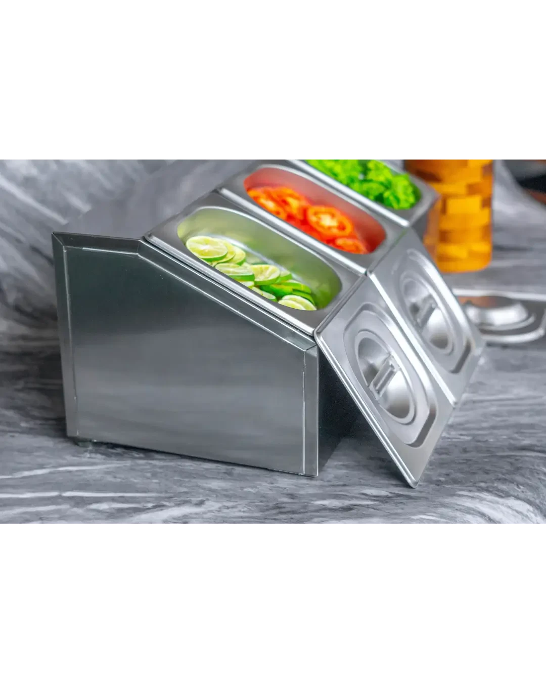 Ingredient Bin Stainless 3 Kompartemen Food Pan Set Wadah Condiment Dispenser Bumbu Dapur | Mutu CMD-3 - 4464